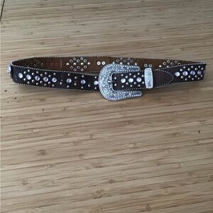 Pleather Belt Women’s Studded Rhinestones Heart Brown Size 28 VTG
